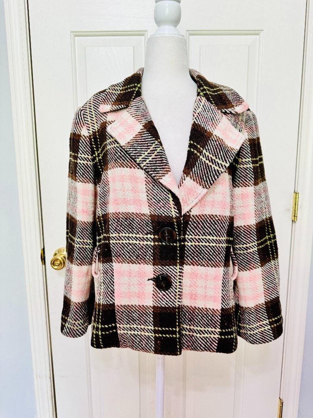 CABI PLAID CHECKERED WOOL BLEND TWEED SHORT BLAZER JACKET SIZE 16
